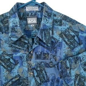 Windsor Shirt‎ Company Button Down Mens Med Blue Travel Stamp Print Chambray VTG